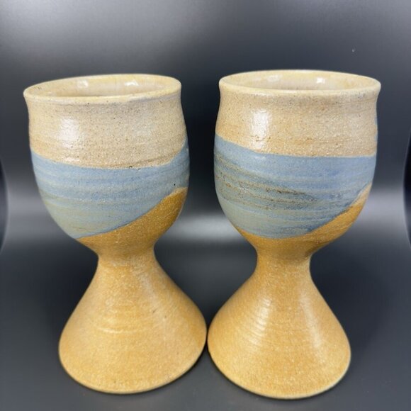 Vintage Large Footed Goblets Cups Set 2 Brown Stoneware Pottery Artist Signed - Picture 10 of 14